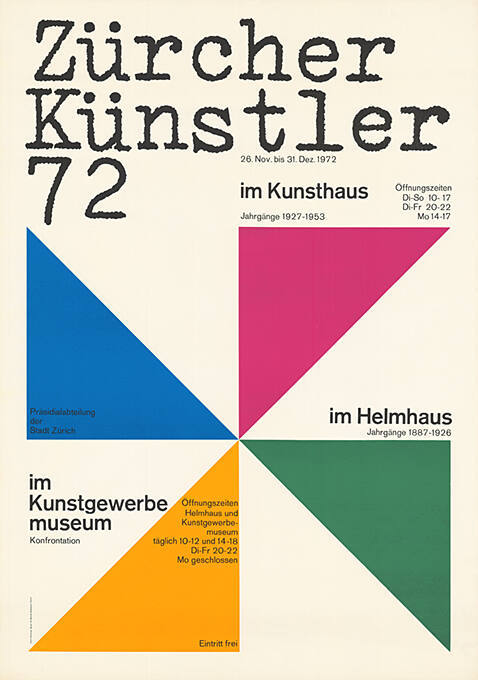 Zürcher Künstler 72, Kunsthaus, Helmhaus, Kunstgewerbemuseum Zürich