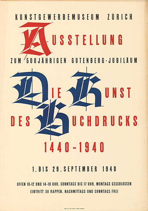 Die Kunst des Buchdrucks 1440–1940, Kunstgewerbemuseum Zürich