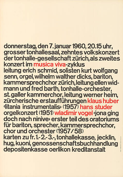 Donnerstag, den 7. januar 1960, 20.15 uhr, Grosser Tonhallesaal, Zehntes Volkskonzert der Tonhalle-Gesellschaft Zürich, als zweites Konzert im Musica viva-Zyklus