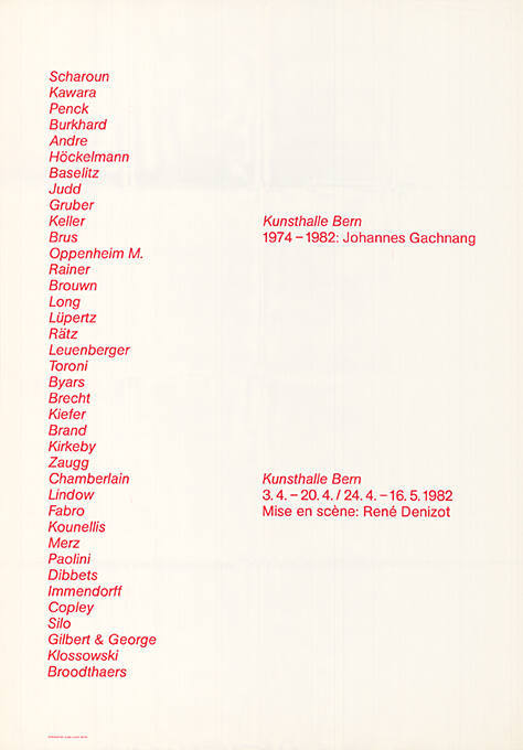 1974–1982: Johannes Gachnang, Mise en scène: René Denizot, Kunsthalle Bern