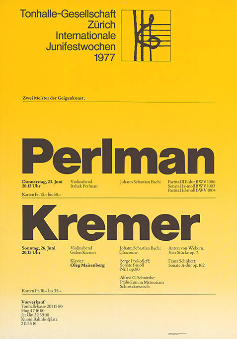 Tonhalle-Gesellschaft Zürich, Internationale Juni-Festwochen 1977, Itzhak Perlman, Gidon Kremer, Tonhalle