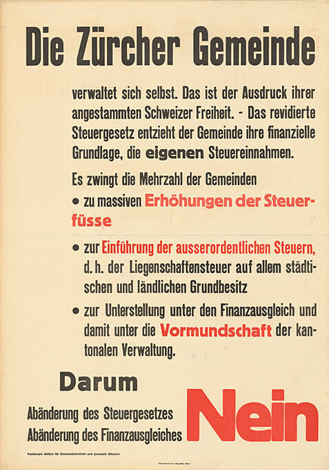 Die Zürcher Gemeinde [...], Abänderung des Steuergesetzes, Abänderung des Finanzausgleiches, Nein