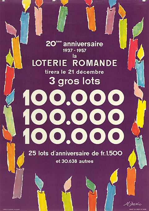 100'000, 20ème anniversaire, 1937–1957, Loterie Romande, 3 gros lots