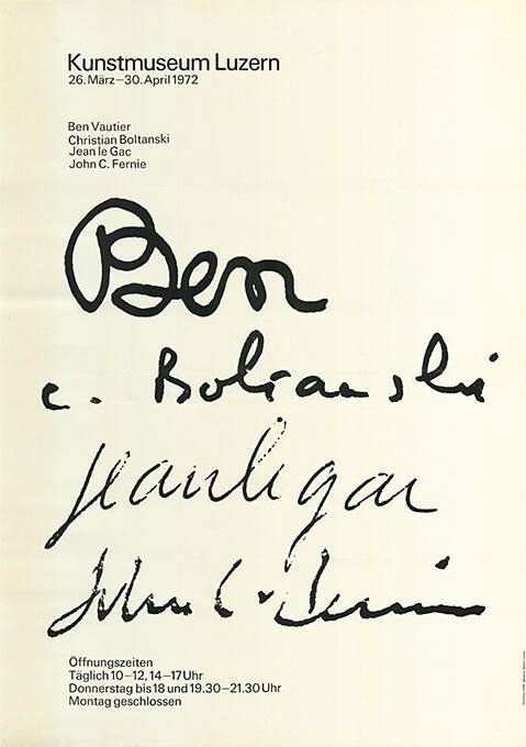 Ben Vautier, Christian Boltanski, Jean le Gac, John C. Fernie, Kunstmuseum Luzern