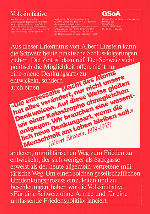 Volksinitiative GSoA, «Die entfesselte Macht des Atoms hat alles verändert […]» (Albert Einstein, 1879–1955), Für eine Schweiz ohne Armee und für eine umfassende Friedenspolitik