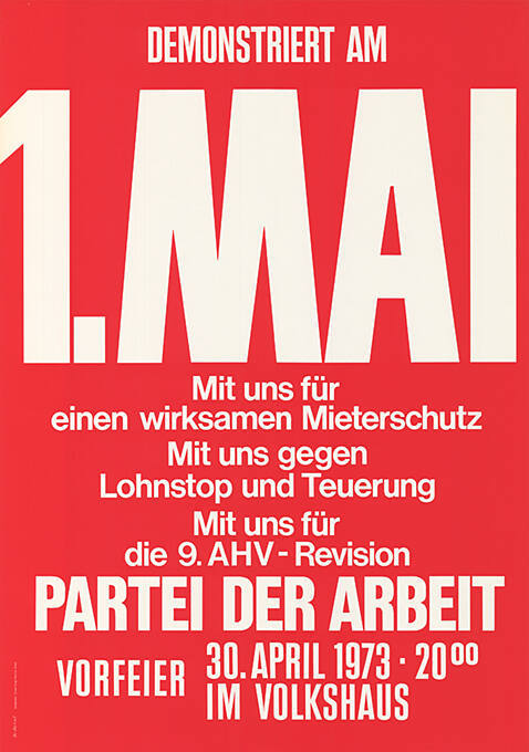 Demonstriert am 1. Mai, Mit uns für einen wirksamen Mieterschutz, Mit uns gegen Lohnstop und Teuerung, Mit uns für die 9. AHV-Revision, Partei der Arbeit