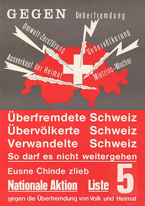 Überfremdete Schweiz, Übervölkerte Schweiz, Verwandelte Schweiz, So darf es nicht weitergehen, Eusne Chinde zlieb, Nationale Aktion, Liste 5