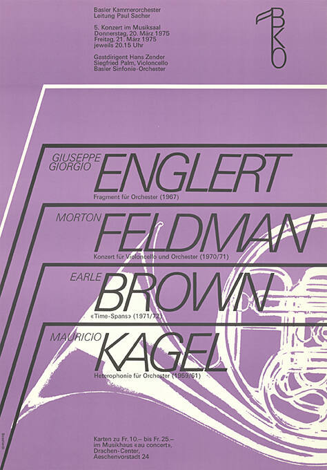 Giuseppe Giorgio Englert, Morton Feldman, Earle Brown, Mauricio Kagel, BKO, Musiksaal Basel