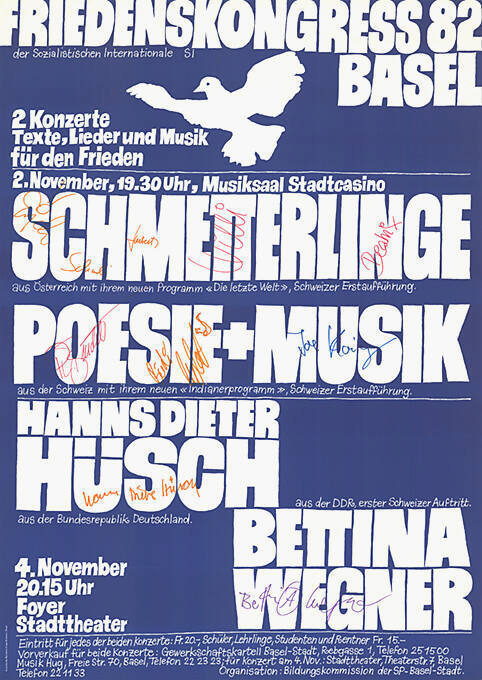 Friedenskongress 82, Basel, Schmetterlinge, Poesie + Musik, Hansdieter Hüsch, Bettina Wegner, Foyer Stadttheater