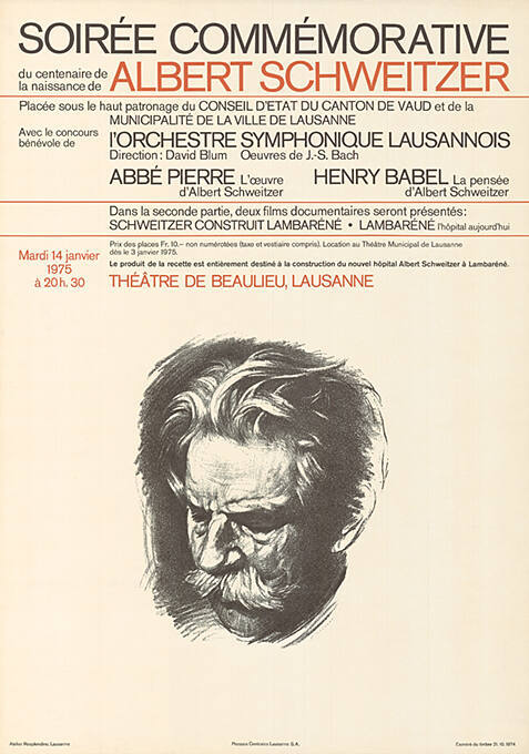 Soirée commémorative, Albert Schweizer, Théâtre de Beaulieu, Lausanne