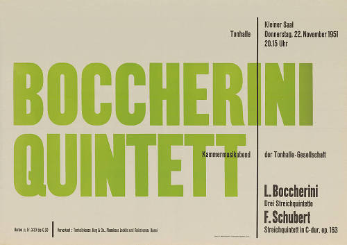 Kammermusikabend der Tonhalle-Gesellschaft, Broccherini-Quintett, L. Broccherini, F. Schubert, Tonhalle, Kleiner Saal