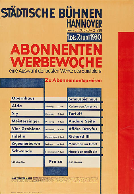 Abonnenten Werbewoche, eine Auswahl der besten Werke des Spielplans, Städtische Bühnen, Hannover