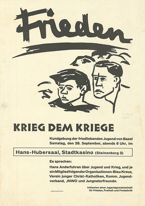 Frieden, Krieg dem Kriege, Kundgebung der friedliebenden Jugend von Basel, Hans-Hubersaal, Stadtkasino, Basel