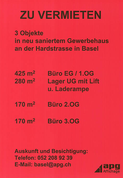 Zu vermieten, 3 Objekte in neu saniertem Gewerbehaus an der Hardstrasse in Basel, APG