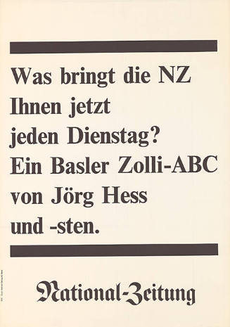Was bringt die NZ Ihnen jetzt jeden Dienstag? Ein Basler Zolli-ABC von Jörg Hess und -sten. National-Zeitung