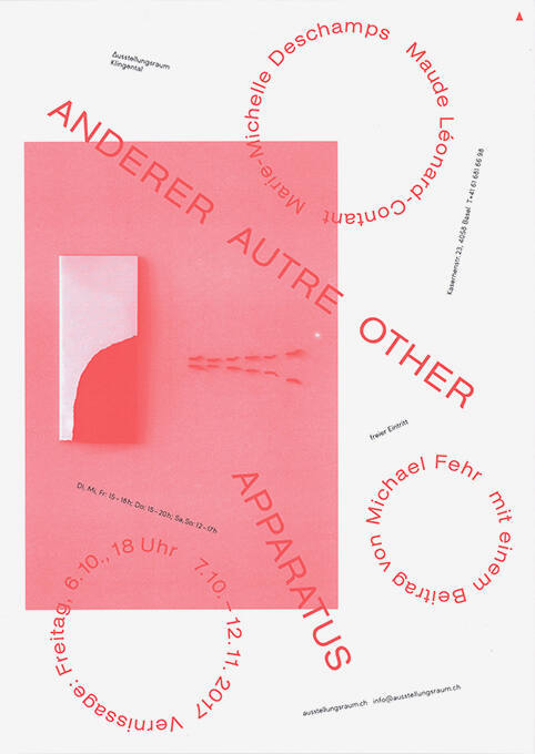 Anderer, Autre, Other, Apparatus, Marie-Michelle Deschamps, Maude Léonard-Contant, Ausstellungsraum Klingental, Basel