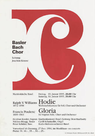 Basler Bach Chor, Hodie, Ralph V. Williams, Gloria, Francis Poulenc, Martinskirche Basel