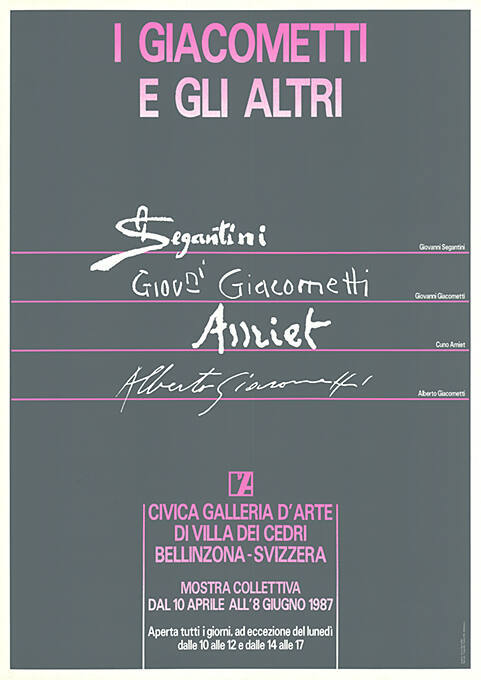 I Giacometti e gli altri, Giovanni Segantini, Giovanni Giacometti, Cuno Amiet, Alberto Giacometti, Civica Galleria d’arte di Villa dei Cedri, Bellinzona