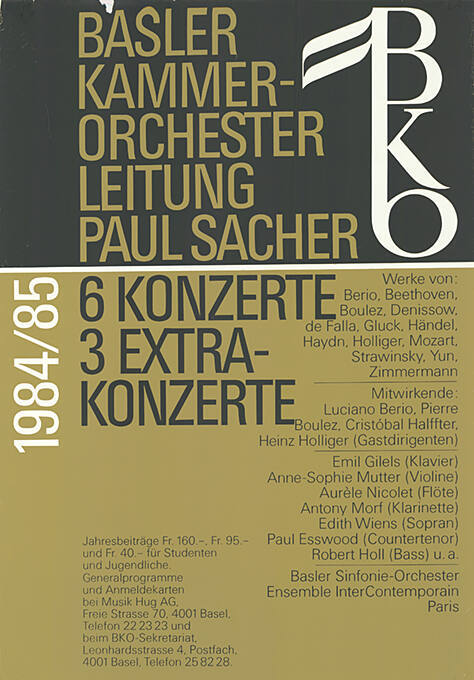 6 Konzerte, 3 Extrakonzerte, Basler Kammerorchester 1984/85