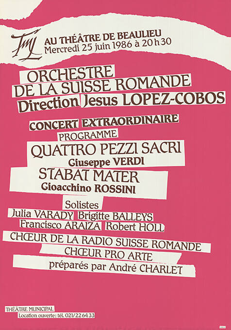 Orchestre de la Suisse Romande, Quattro pezzi sacri, Giuseppe Verdi, Stabat Mater, Gioacchino Rossini, Théâtre de Beaulieu