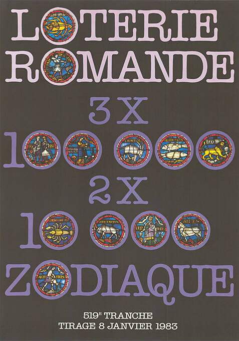 Loterie Romande, 3 × 100'000, 2 × 10'000, zodiaque