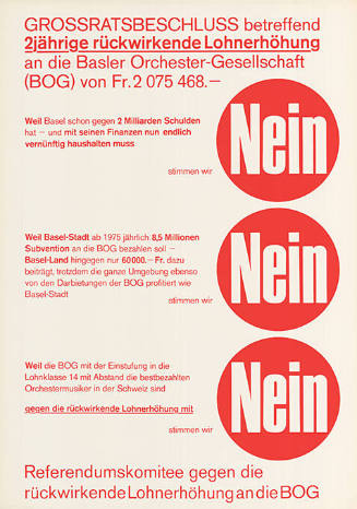 Grossratsbeschluss betreffend 2jährige rückwirkende Lohnerhöhung an die Basler Orchestergesellschaft (BOG), Nein, Nein, Nein