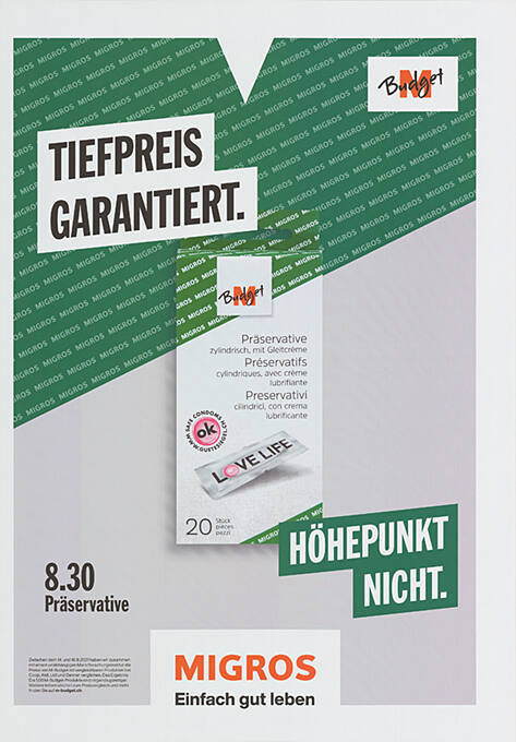 Tiefpreis garantiert. Höhepunkt nicht. Präservative, Migros