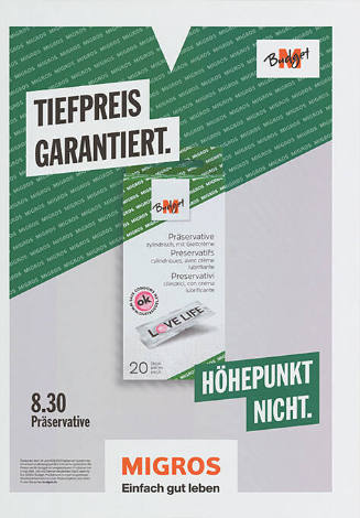 Tiefpreis garantiert. Höhepunkt nicht. Präservative, Migros