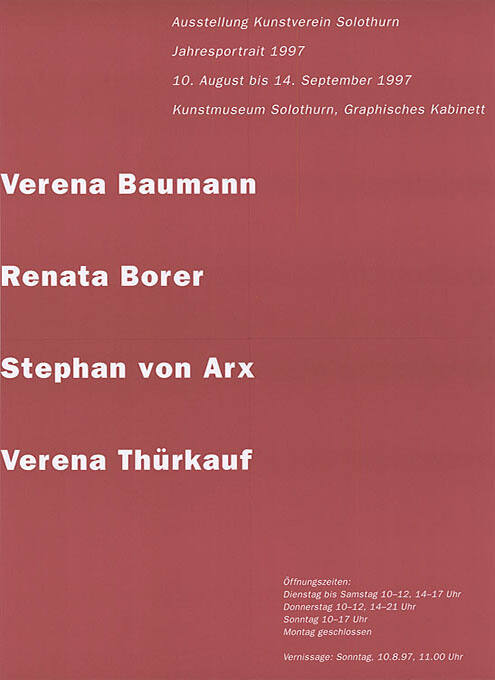 Verena Baumann, Renata Borer, Stephan von Arx, Verena Thürkauf, Kunstmuseum Solothurn, Graphisches Kabinett