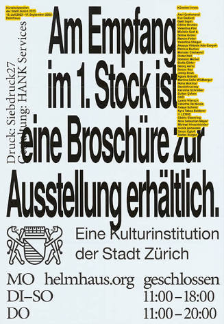 Kunststipendien der Stadt Zürich, Am Empfang im 1. Stock ist eine Broschüre zur Ausstellung erhältlich. Helmhaus