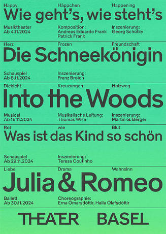 Wie geht’s, wie steht’s, Die Schneekönigin, Into the Woods, Was ist das Kind so schön, Julia & Romeo, Theater Basel