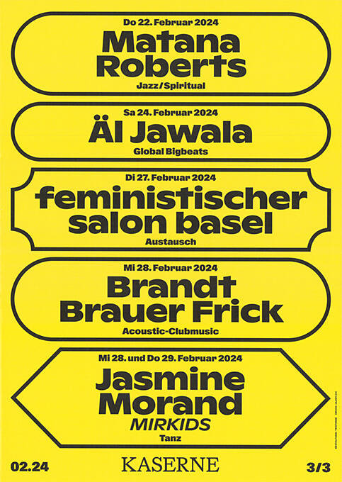 Matana Roberts, Äl Jawala, feministischer Salon Basel, Brandt Brauer Frick, Jasmine Morand, Kaserne