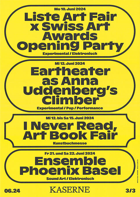 Liste Art Fair x Swiss Art Awards Opening Party, Earth eater as Anna Udenberg's Climber, I never read, Ensemble Phoenix Basel, Kaserne