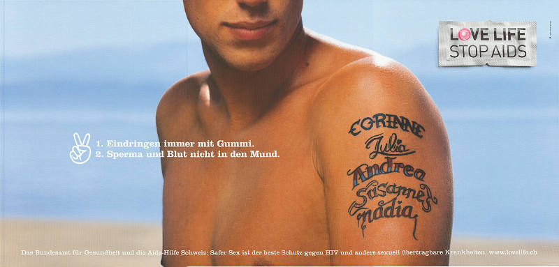 1. Eindringen immer mit Gummi. 2. Sperma und Blut nicht in den Mund. Love Life, Stop AIDS